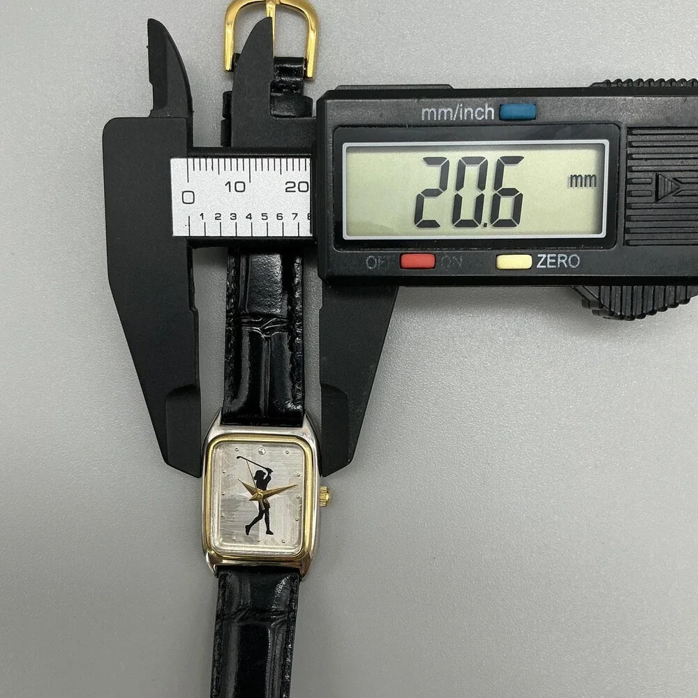Golf Women Watch 21mm Silver Dial Black Leather Two Tone Rectangular New Battery